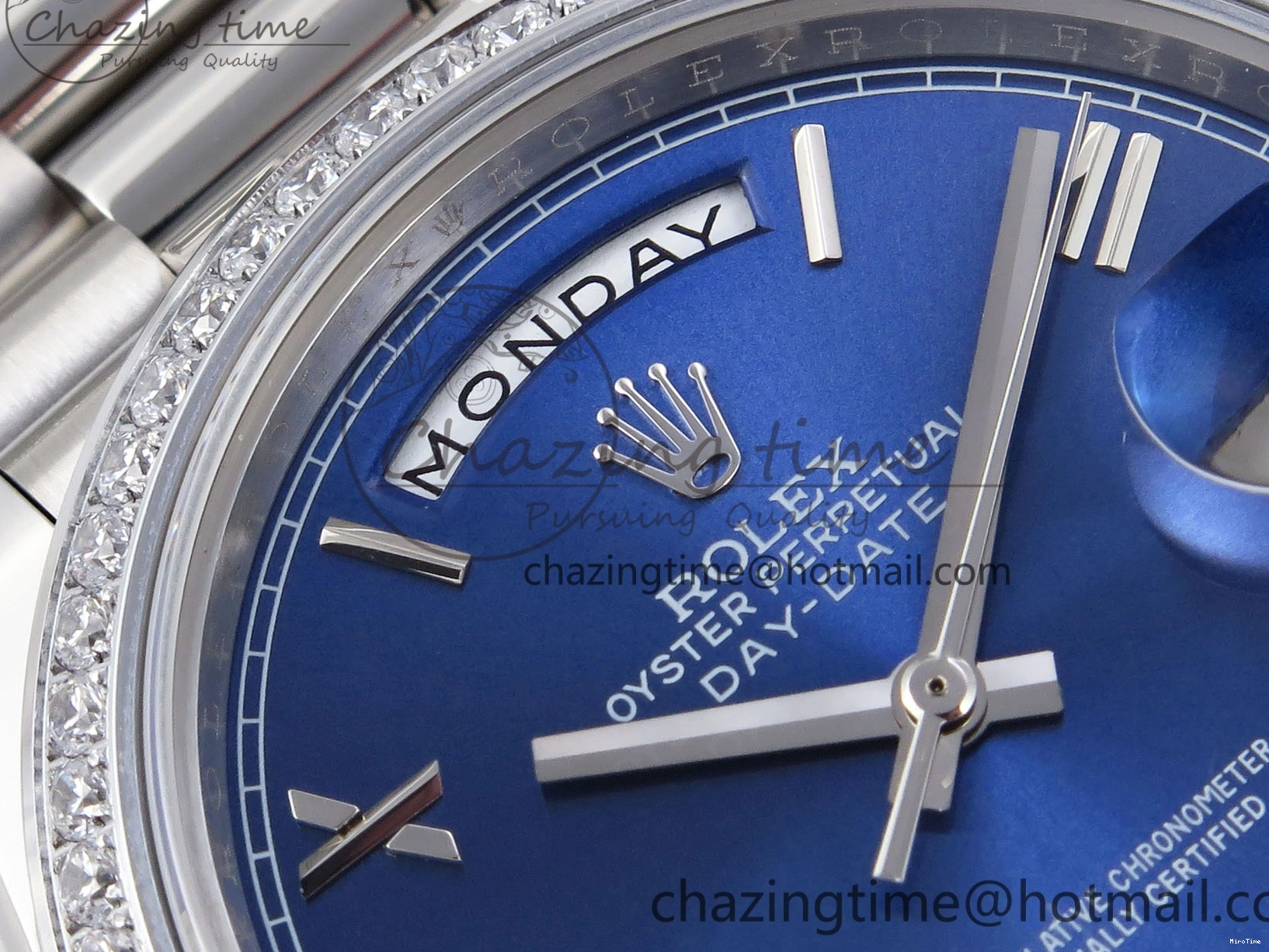MiroTime 0426 QuickDry DayDate 40 SS GSF Gain Weight Blue Roman Dial Diamonds Bezel on President Bracelet A 1917